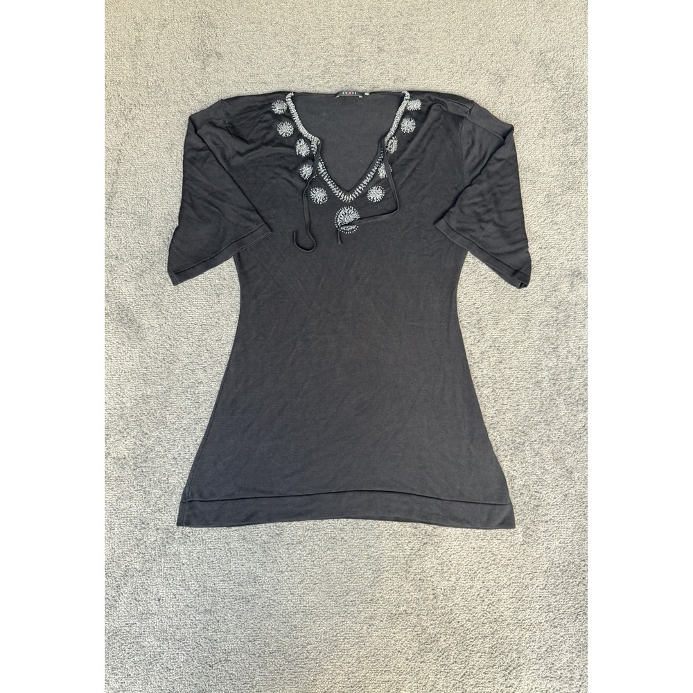 Cyrus Black Silk Blend Beaded V-Neck Tunic Top Short Sleeve Size L